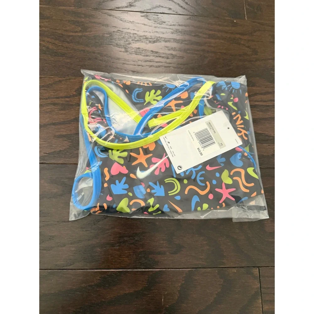 Nike Girls One Piece Swimsuit Neon Doodle Print Crossback Black NESSC715-001 XS